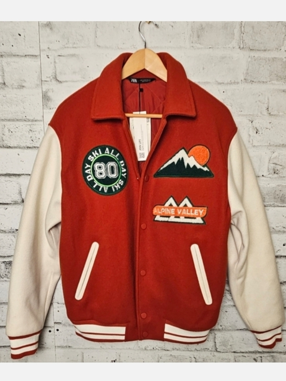 Zara Alpine Valley Varsity Jacket M Red Ski Patch Wool Blend Apres Ski Nwt
